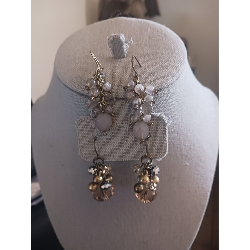 Boho Cluster Drop Earrings Set Faceted Glass Bead Antique Brass Tone Dangle - Picture 2 of 5